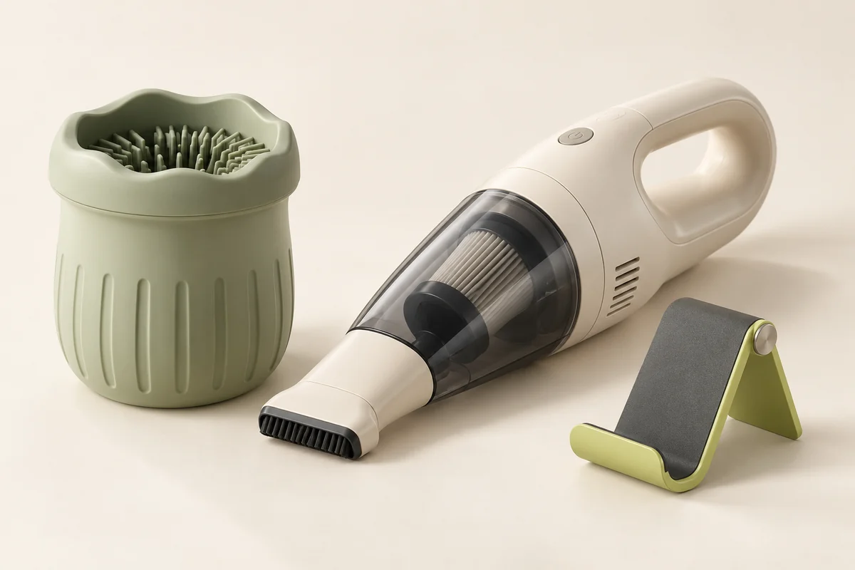 Editorial product arrangement of a dog paw cleaner, a handheld vacuum and a phone stand.