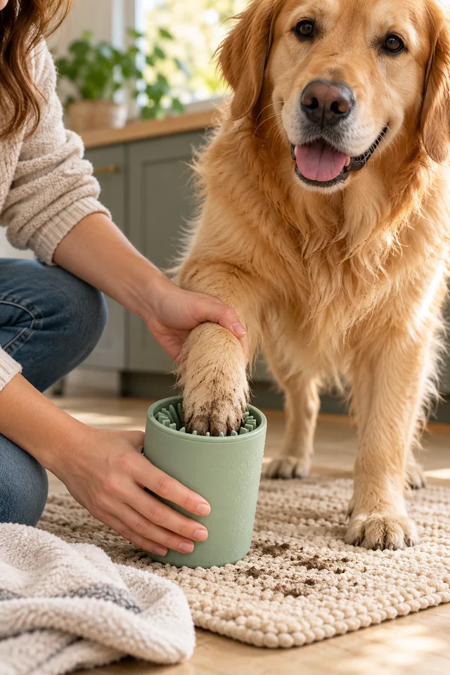 Illustrative product demonstration of a dog paw cleaner.