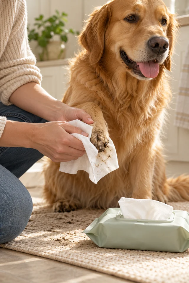 Illustrative pet cleaning wipes demonstration, a different solution to the same muddy-paw problem.